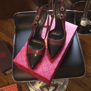 Black and berry color block heels